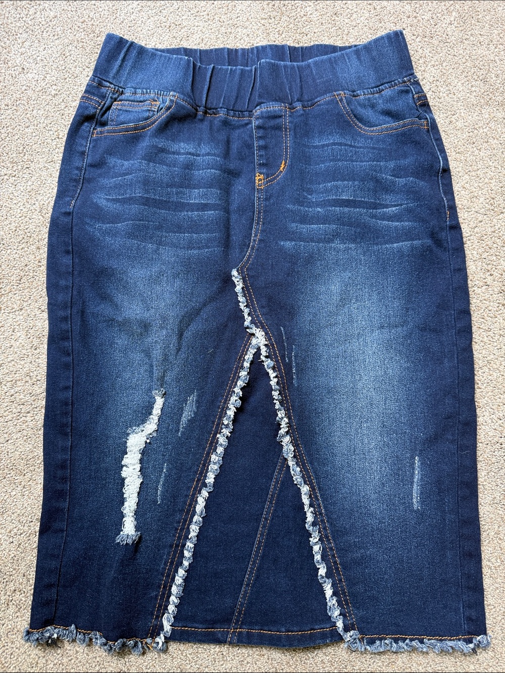 High-Rise Distressed Dark Blue Denim Midi Skirt